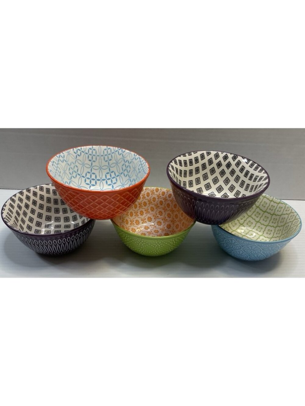 5 Signature Ceramic Snack Cereal Bowls Bright Colors & Patterns - NEW & EUC